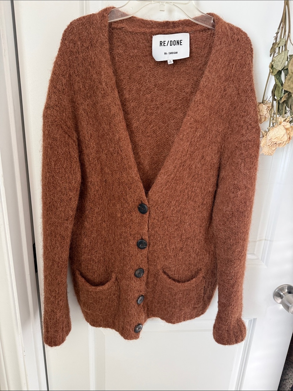 Re/Done Fuzzy Rust-Orange V-Neck Button Cardigan